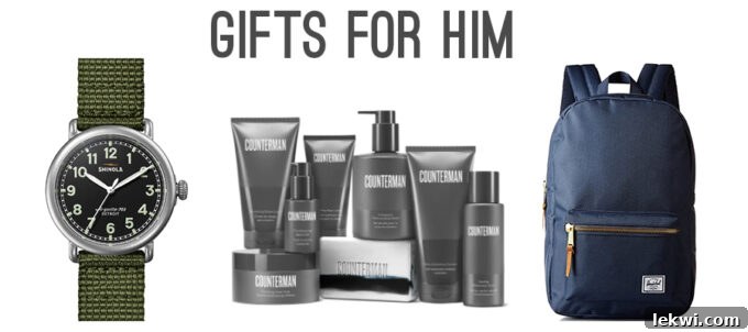 A curated collection of practical and stylish gifts for him, including shoes, a backpack, a watch, and skincare.