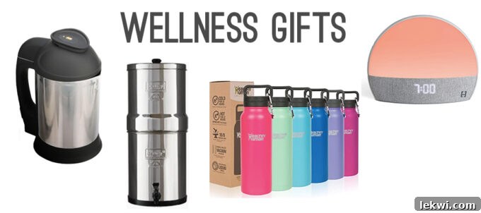 A vibrant selection of wellness gifts, including a plant-based milk maker, a water filter, and a Hatch Restore sleep aid.