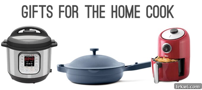 A collection of essential gifts for the home cook, including an Instant Pot, an air fryer, and artisanal ceramic bowls.
