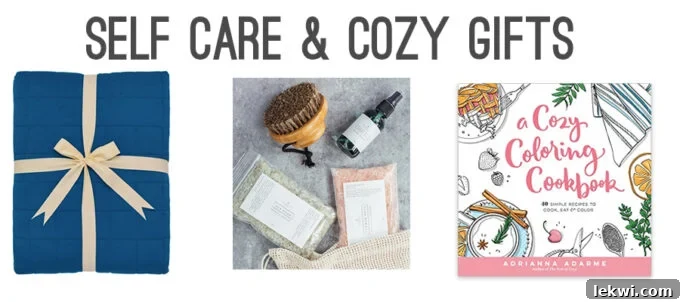 A delightful array of self-care and cozy gifts, including a soft blanket, scented candles, and a bath pillow.