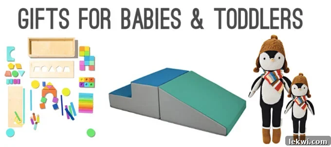 A delightful assortment of gifts for babies and toddlers, including soft sleep sacks, stacking toys, and a play gym.