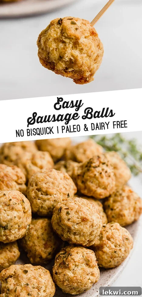 A visually appealing graphic showcasing paleo sausage balls, with the text overlay: "Easy Sausage Balls No Bisquick Paleo & Dairy Free".