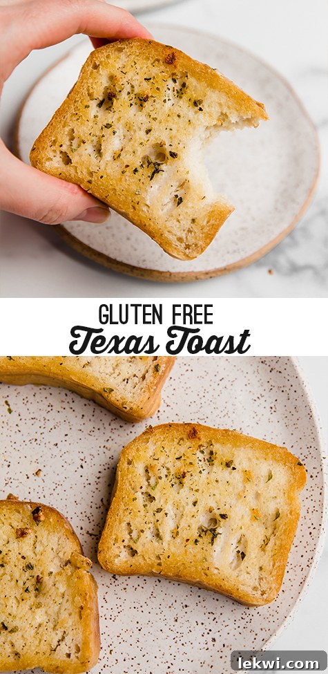 A speckled plate with three slices of gluten free texas toast with text reading "gluten free Texas toast"