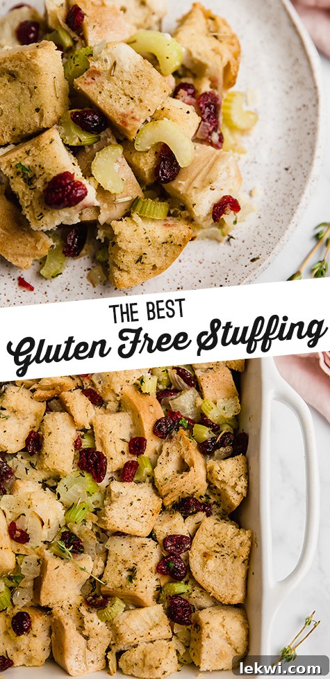 A white baking pan filled with golden gluten-free stuffing after baking, featuring text overlay "The Best Gluten-Free Stuffing" on a holiday-themed background. Perfect for Pinterest sharing.