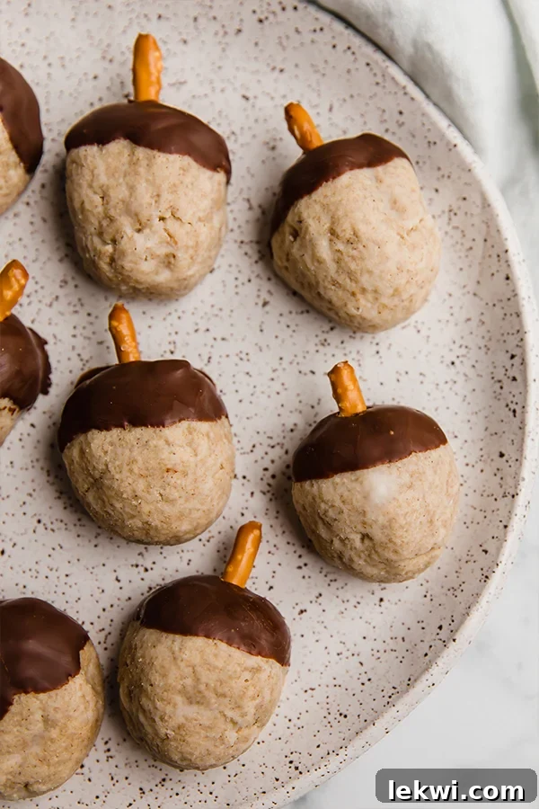 A speckled plate filled with many acorn donut holes, showcasing their charming design and inviting texture.