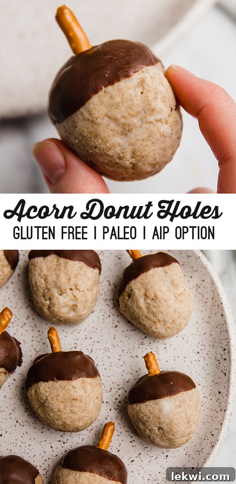 A speckled plate filled with many acorn donut holes and text reading "acorn donut holes gluten free paleo aip option"