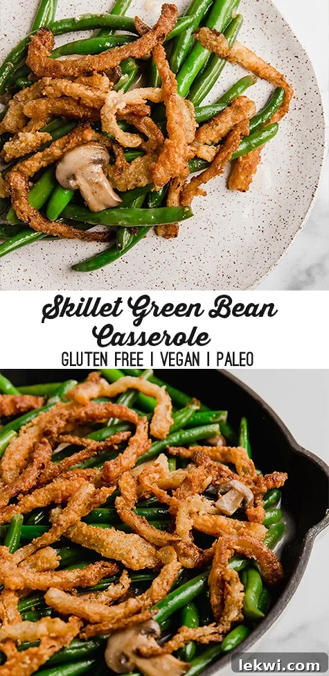 A skillet filled with green bean casserole, with text overlay reading "skillet green bean casserole gluten free vegan paleo"