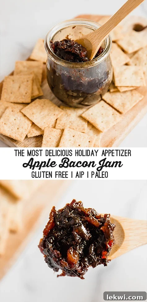 A captivating image showcasing a wooden board laden with an assortment of crispy crackers. A glass jar brimming with homemade apple bacon jam takes center stage, a wooden spoon nestled within. Overlaying the image is text that reads: "The Most Delicious Holiday Appetizer - Apple Bacon Jam - Gluten Free - AIP - Paleo," emphasizing its festive appeal and dietary benefits.