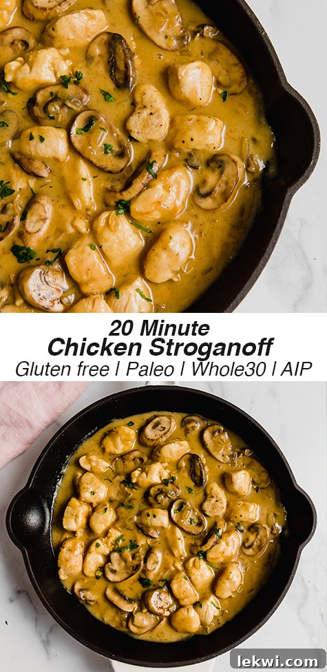 Two stacked photos showcasing chicken stroganoff in a pan and a serving with sweet potato mash.