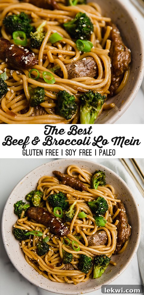 Gluten-free beef and broccoli lo mein served on a white plate with chopsticks, accompanied by text promoting "the best beef & broccoli lo mein gluten free soy free paleo"