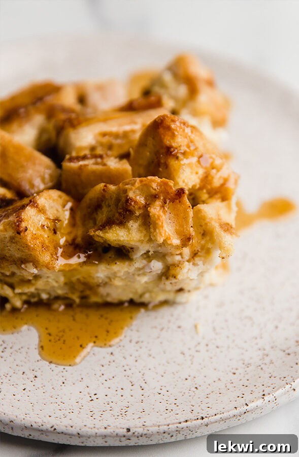 Close up of baked gluten-free french toast casserole with a cinnamon-sugar glaze.