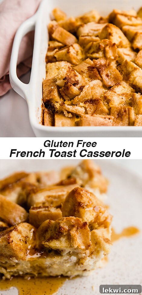Stacked photo of Gluten-Free French Toast Casserole, showing it in a dish and on a plate with berries and maple syrup.