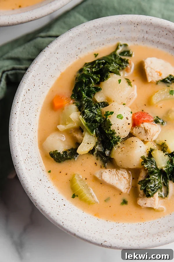 A vibrant bowl of Tuscan chicken soup, featuring tender chicken, fresh kale, and sweet potato gnocchi in a rich, creamy broth.