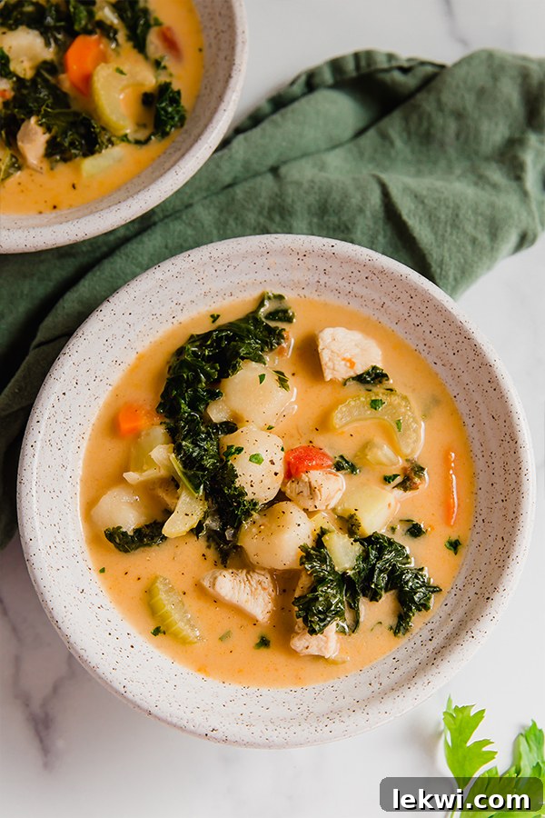 A close-up of a rustic bowl filled with Tuscan chicken soup, highlighting its texture and fresh ingredients.
