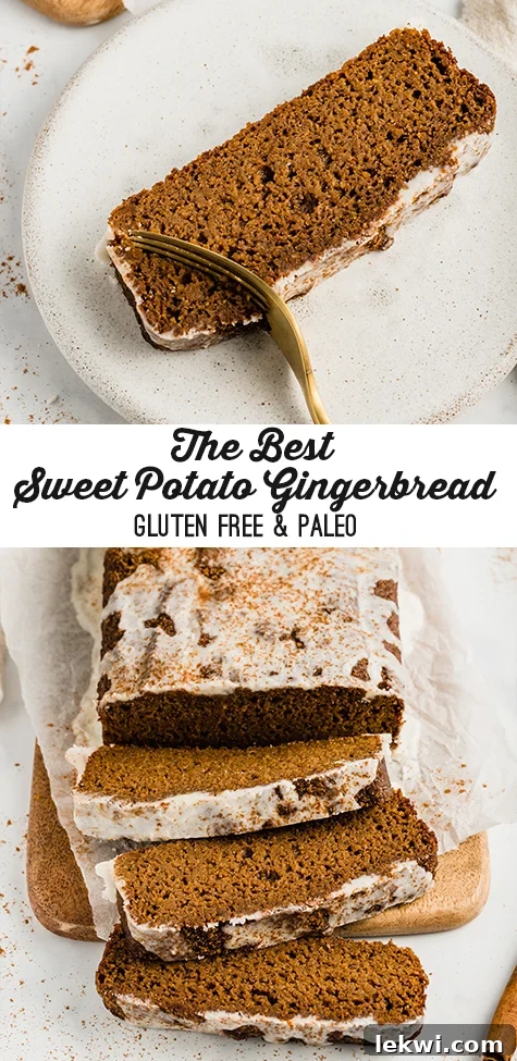 Four delicious images of sweet potato gingerbread: a slice on a plate, the full loaf, another angle of the loaf, and slices on a cutting board.