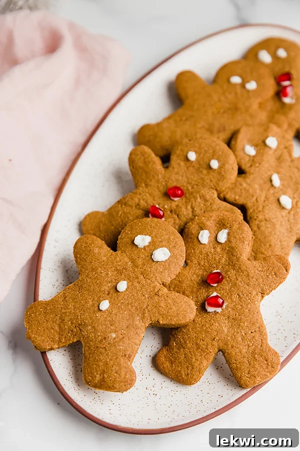 A platter of beautifully decorated gingerbread men, garnished with vibrant pomegranate seeds and a delicate frosting drizzle, inviting a sense of festive delight.
