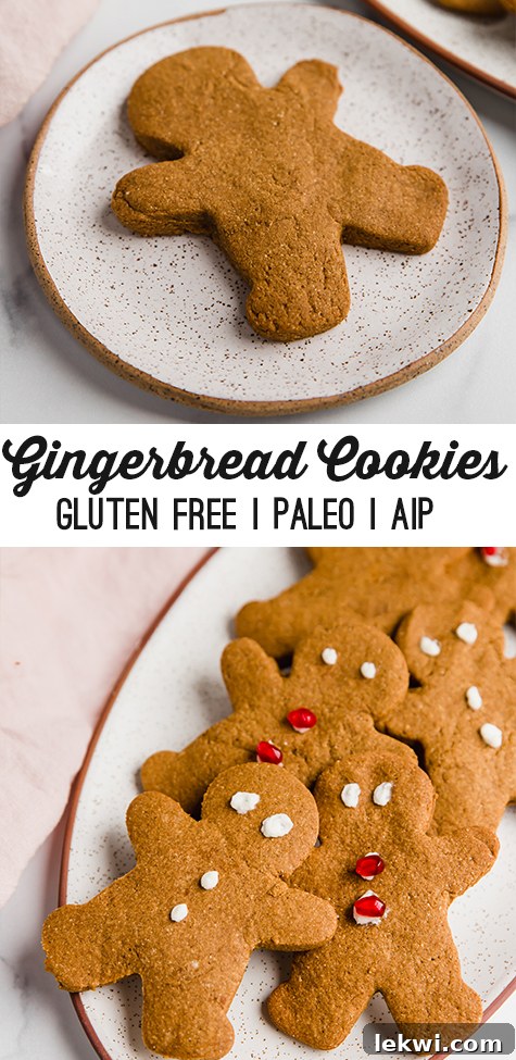 A stacked photo showcasing two views of AIP gingerbread cookies: a platter of decorated gingerbread men with pomegranate seeds and frosting, and a close-up of an undecorated cookie.