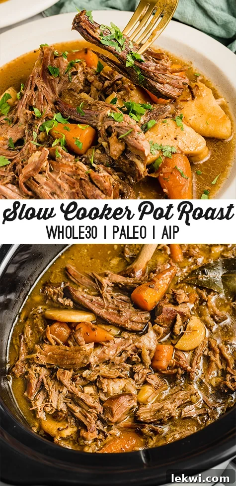 Stacked photo of Slow cooker pot roast shredded in a slow cooker with veggies and extra broth, and on a plate.