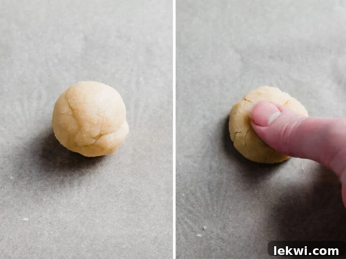 A two-part image showing the process of making thumbprint cookies. On the left, a raw ball of dough. On the right, the same dough ball with a thumbprint indentation already formed.