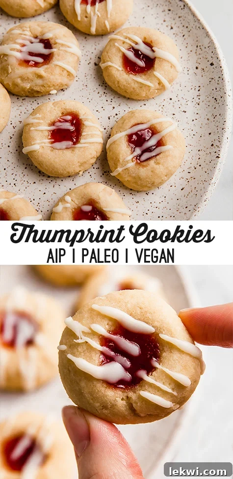 A stacked photo collage featuring two images of gluten-free thumbprint cookies. The top image shows a plate of cookies, while the bottom image shows a hand holding a single cookie.