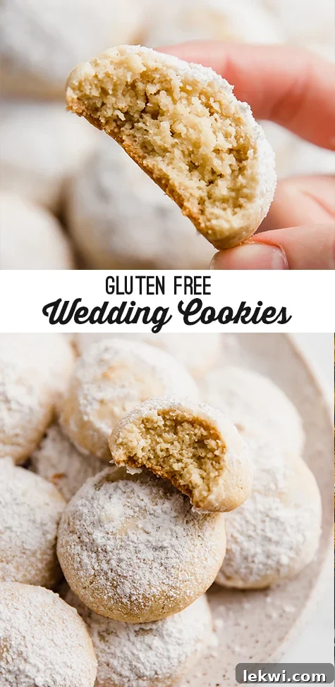 Stacked photo of Italian wedding cookie with a bite taken out of it being held, and on a platter.