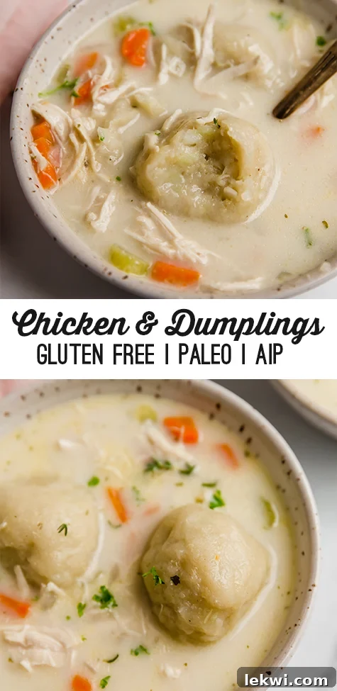 A collage of two images: one showing a full bowl of gluten-free chicken and cauliflower dumplings soup with parsley garnish, and another close-up of a dumpling with a bite taken out, emphasizing its texture.