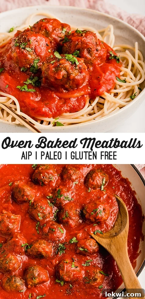 Stacked photo of oven baked meatballs in a pan with a wooden spoon topped with parsley, and served over spaghetti.