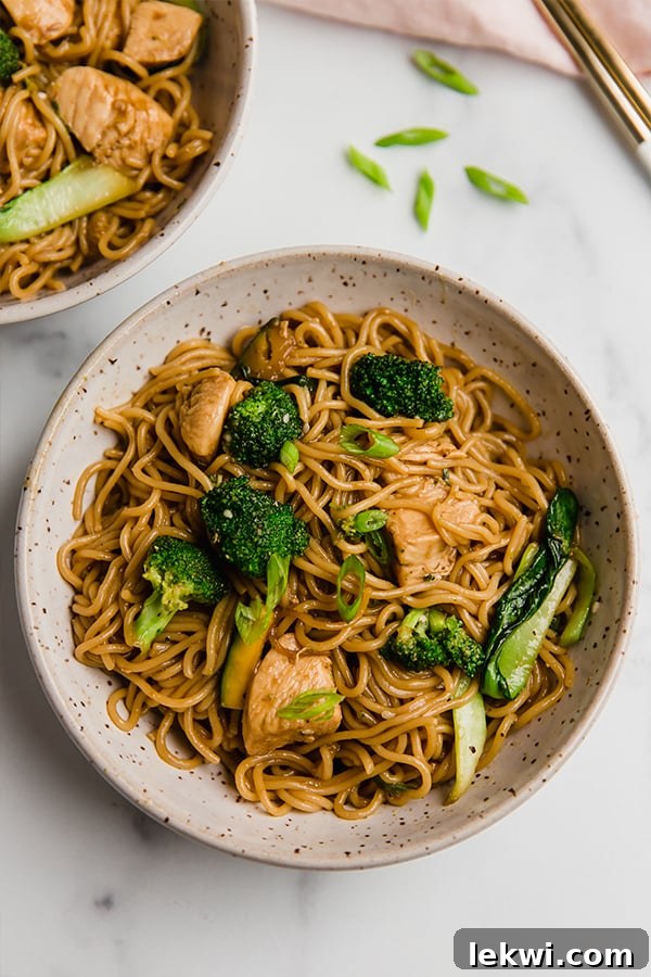 A bowl of chicken and ramen stir fry, presented beautifully, ready for a delicious meal.
