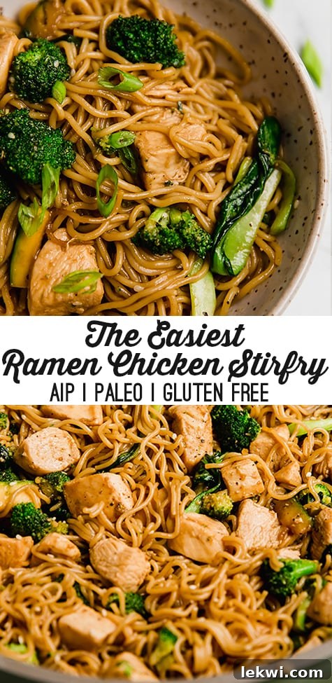 A collage of two images showing the chicken and broccoli ramen stir fry in a bowl with green onion and in a cooking pan.