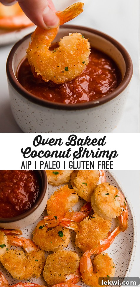 A collage of baked coconut shrimp, showing a plate, a close-up of dipping, and a stacked presentation.
