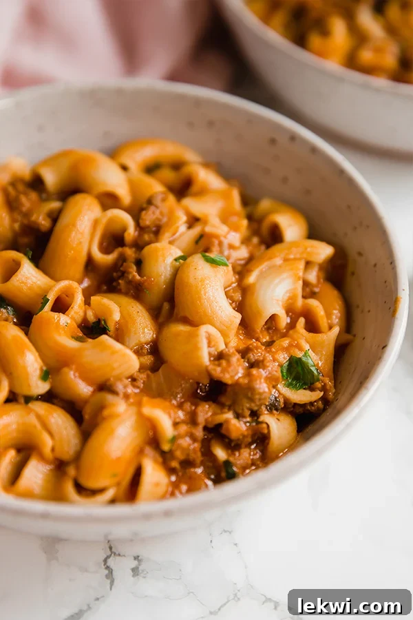 A comforting bowl of Copycat Hamburger Helper, featuring savory ground beef and pasta-like shapes in a creamy, rich sauce.