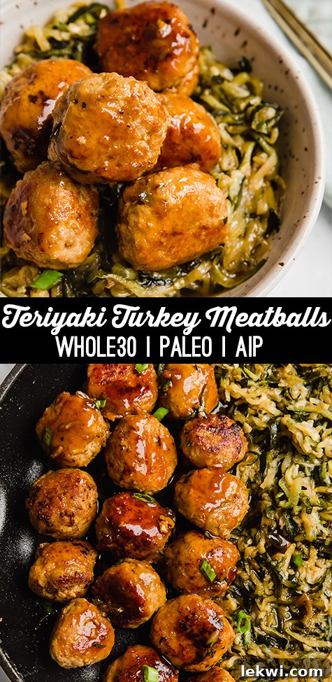 Stacked photo of Turkey teriyaki meatballs in a bowl with zucchini noodles and in a pan, showcasing the dish from preparation to serving.