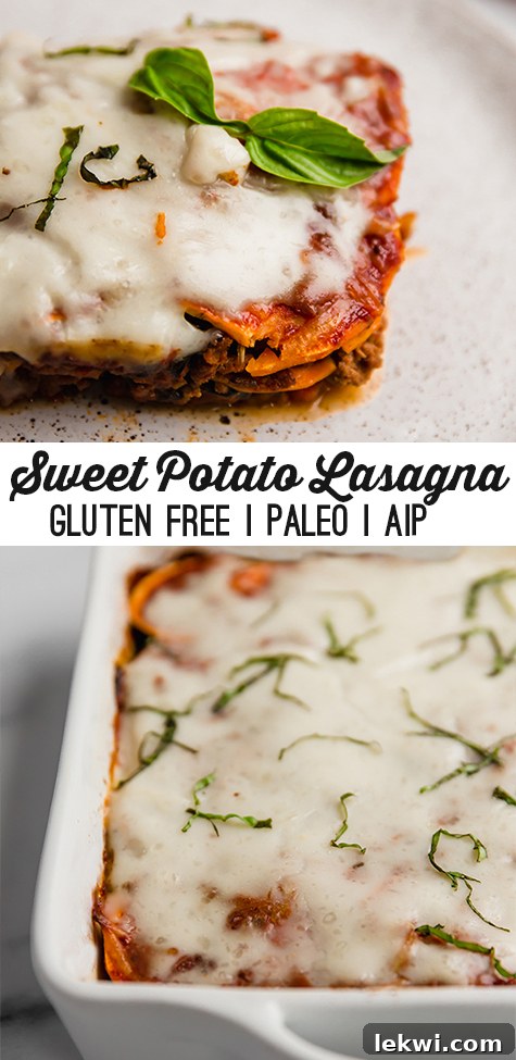 A visually appealing stacked photo of a single serving of sweet potato lasagna garnished with basil, and the full lasagna in a baking pan.