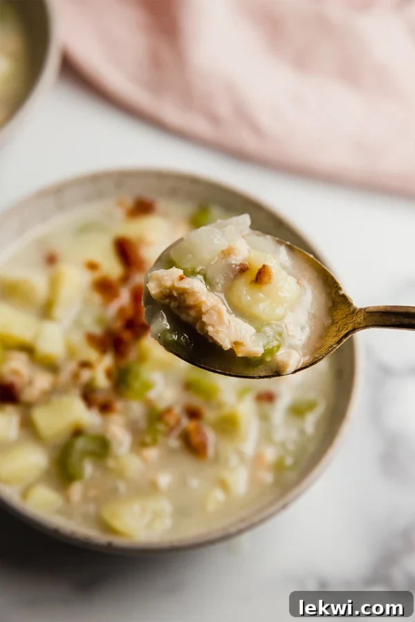 A spoonful of clam chowder taken out of the bowl, showcasing its rich texture.