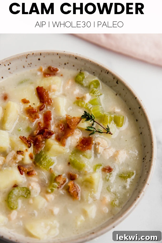 Soup with text "Clam Chowder AIP | Whole30 | Paleo."