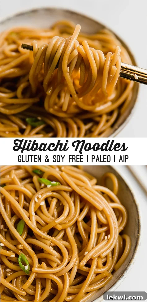 Two stacked photos of cooked gluten free hibachi noodles being picked up with chopsticks.