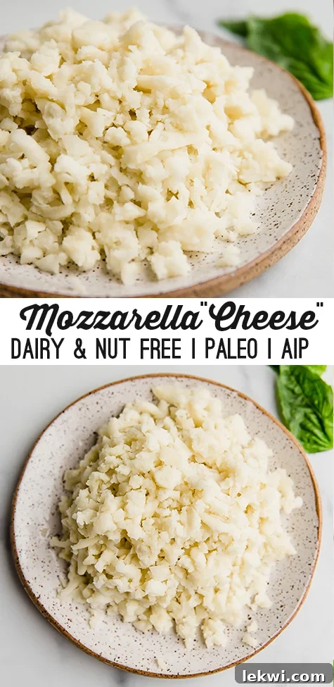 Stacked photo of Shredded dairy free cheese on a plate with basil in the background.