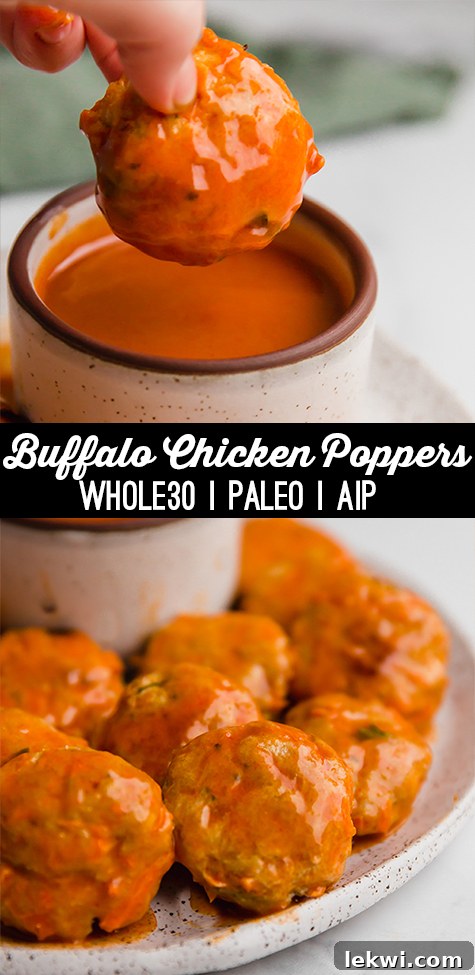 Two stacked photos showcasing delicious buffalo chicken poppers on a plate.