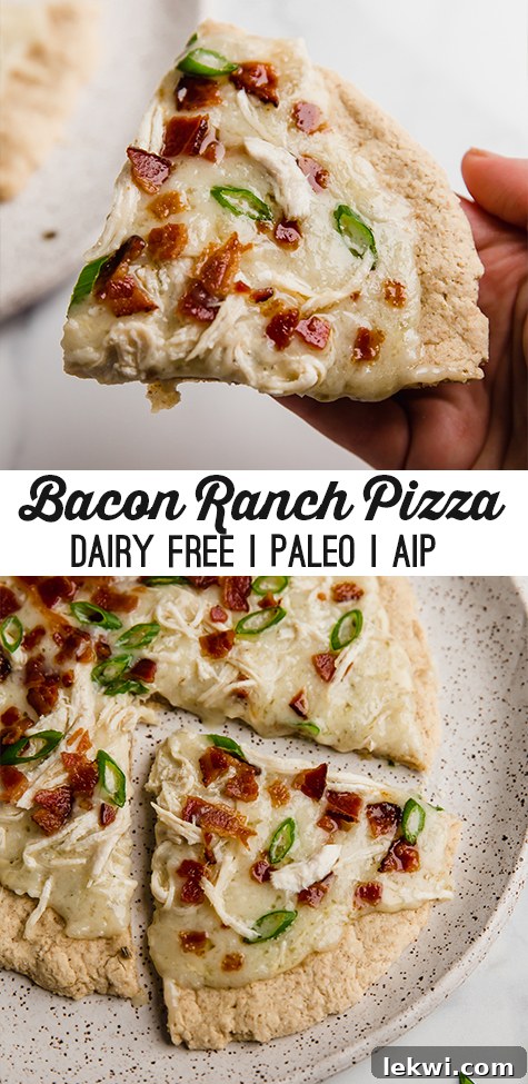 Stacked photo of Bacon ranch chicken pizza topped with bacon and green onion