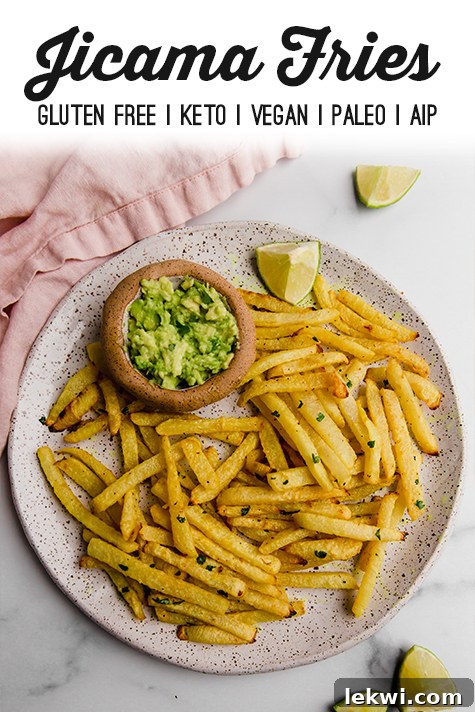 Fries with text "Jicama Fries Gluten Free | Keto | Vegan | Paleo | AIP."