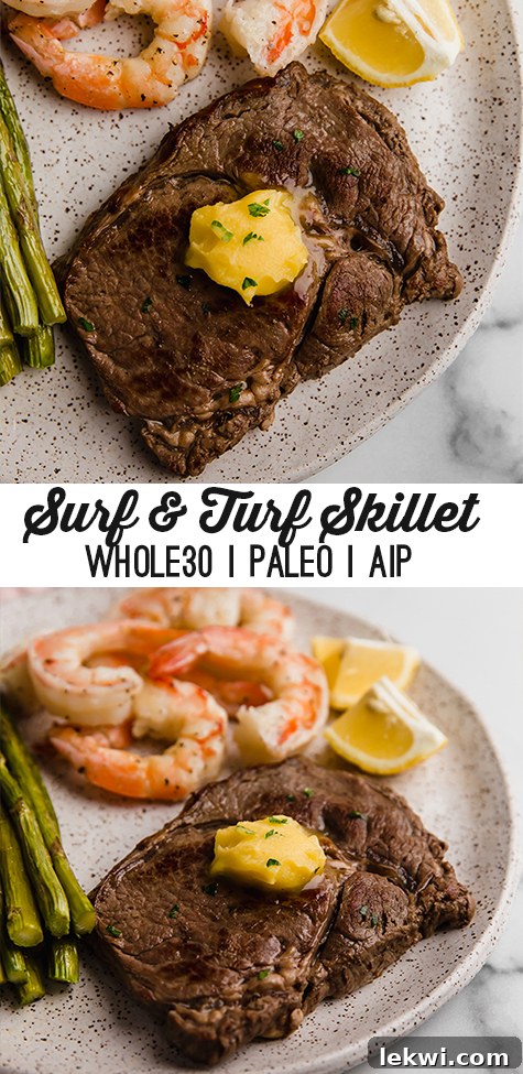 Visually appealing collage displaying "Surf & Turf Skillet Whole30 | Paleo | AIP" for social sharing.