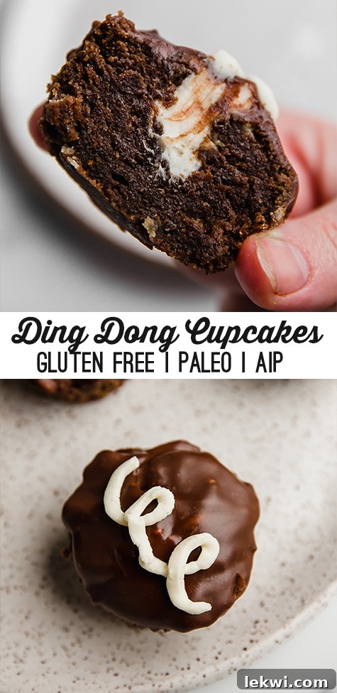 Collage with text \"Ding Dong Cupcakes Gluten Free | Paleo | AIP.\"