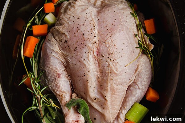 Whole chicken nestled in a slow cooker, surrounded by chopped carrots, celery, onion, and fresh herbs, all submerged in water.