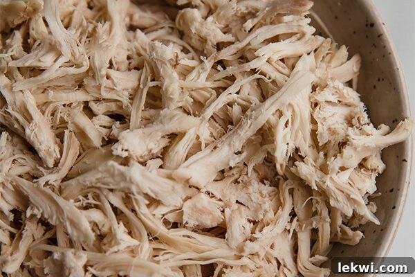 A bowl filled with freshly shredded, tender chicken meat, light brown and moist, ready for meal prep.