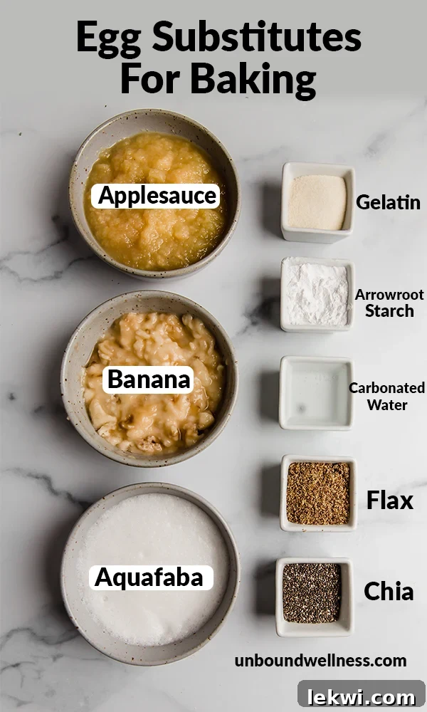 Labeled ingredients including applesauce, gelatin, and carbonated water, showcasing various egg substitutes for baking.