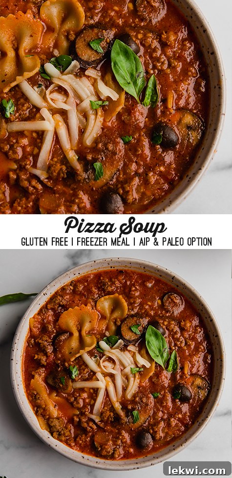Collage with text "Gluten-Free Pizza Soup | Freezer Meal | AIP & Paleo Option." highlighting key features of the recipe.