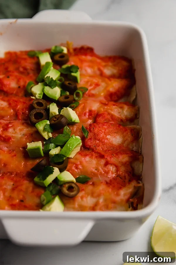 Chicken enchiladas topped with fresh avocado slices and black olives in a baking dish, ready to be served.