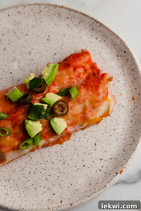 Two perfectly cooked chicken enchiladas served on a white plate, beautifully garnished with fresh avocado slices and cilantro, ready to be enjoyed.
