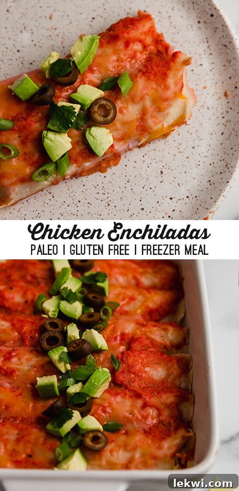 Collage with text "Chicken Enchiladas Paleo | Gluten Free | Freezer Meal." A visual guide showcasing the key dietary benefits and convenience of the recipe.