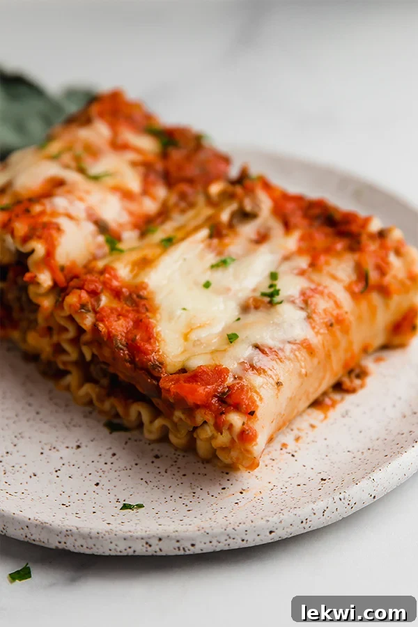 A beautifully plated serving of gluten-free and dairy-free lasagna roll-ups, garnished with fresh parsley.